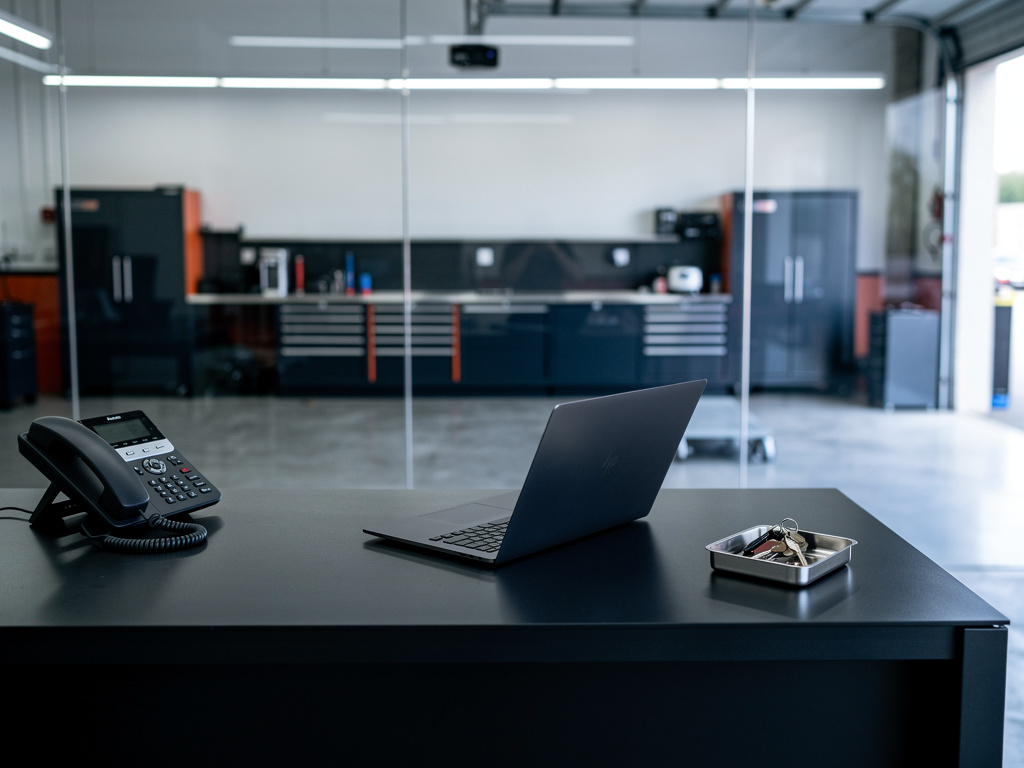 The shop's front desk with a dark steel counter, a laptop, a phone and a key tray, the service bay blurred through a gla