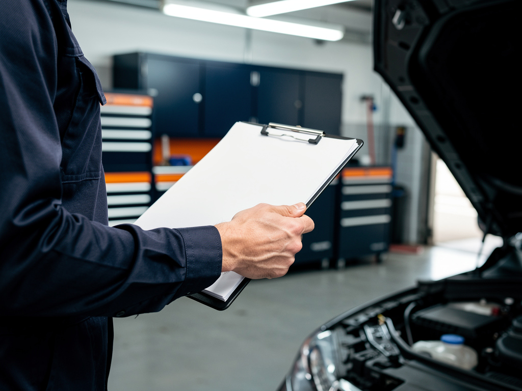 Close-up of a mechanic's hand holding a clipboard with a blank inspection sheet beside a car's open hood.