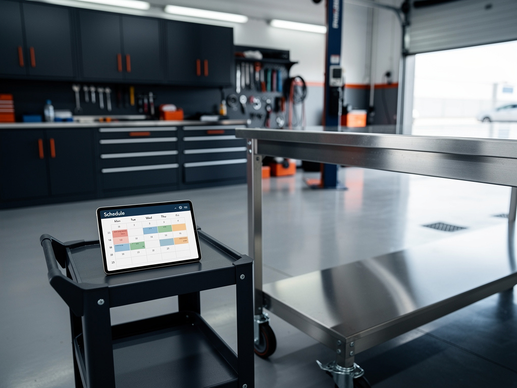 A tablet on a rolling cart showing an abstract scheduling calendar, next to an aluminum workbench.