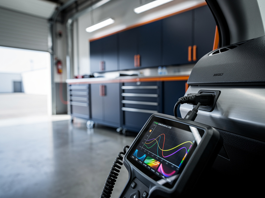 A diagnostic scanner plugged into a car's dashboard port, its screen glowing with abstract graphs.