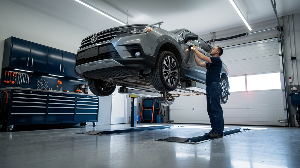 A mechanic in a dark blue work shirt inspects the underside of a family SUV raised on a lift, shot from a low angle in t