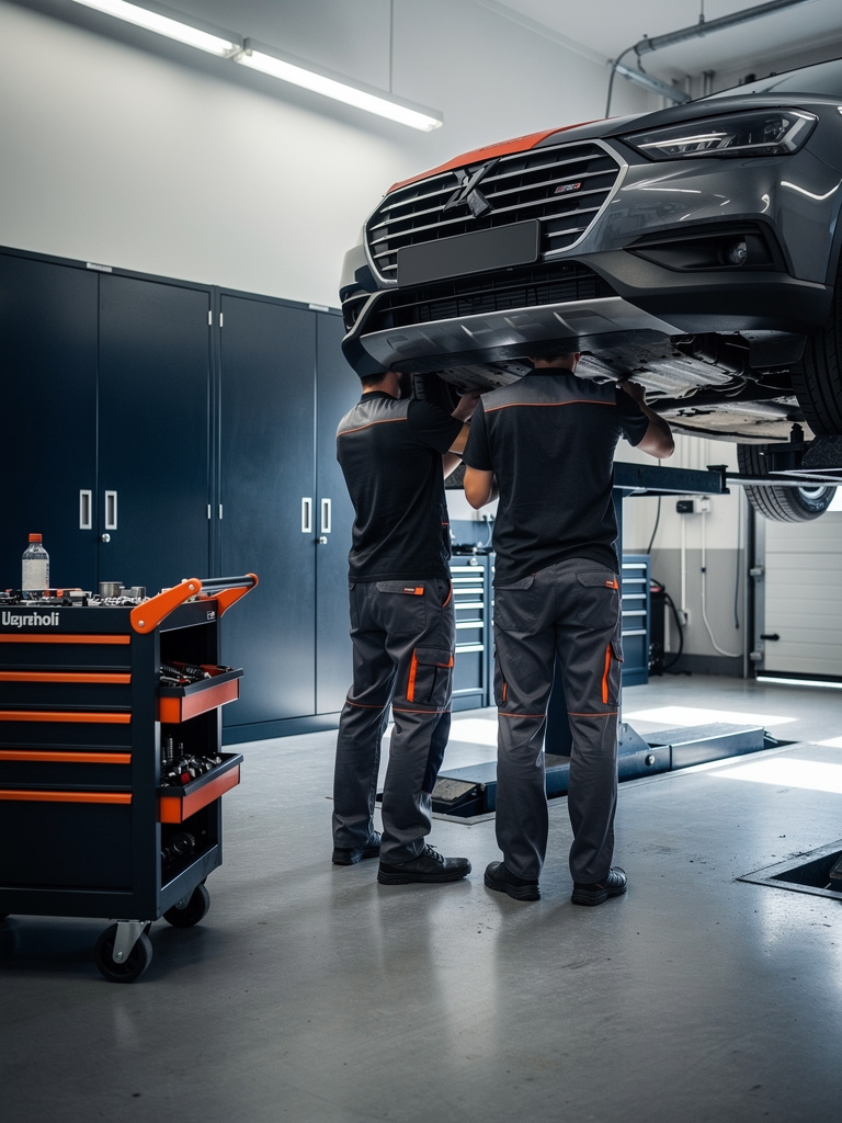 Two mechanics seen from behind working side by side at a raised car, tool cart with orange handles nearby, faces out of